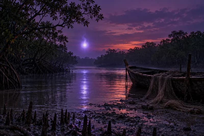 Aleya — folklore depiction — Aleya, Bengal — primarily the Sundarbans mangrove delta, and tidal marshes of southern West Bengal and Bangladesh, Ghost Light / Marsh Phenomenon