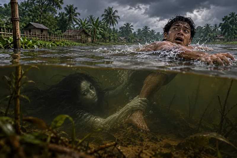 Baak — folklore depiction — Baak, Assam; concentrated along the Brahmaputra river system, floodplain wetlands, and monsoon-fed ponds, Water Spirit / Drowning Entity