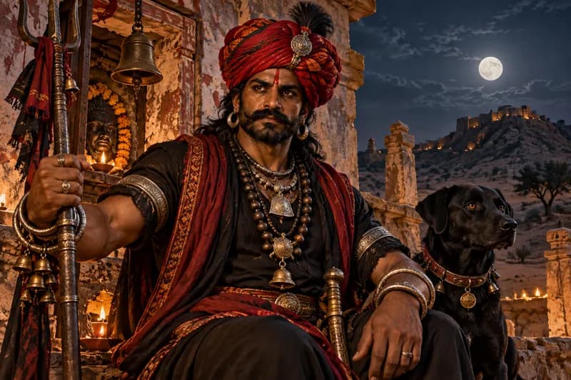 Bheru — folklore depiction — Bheru, Rajasthan; also found across Gujarat, Madhya Pradesh, and Maharashtra in variant forms, Guardian Spirit / Folk Bhairava manifestation