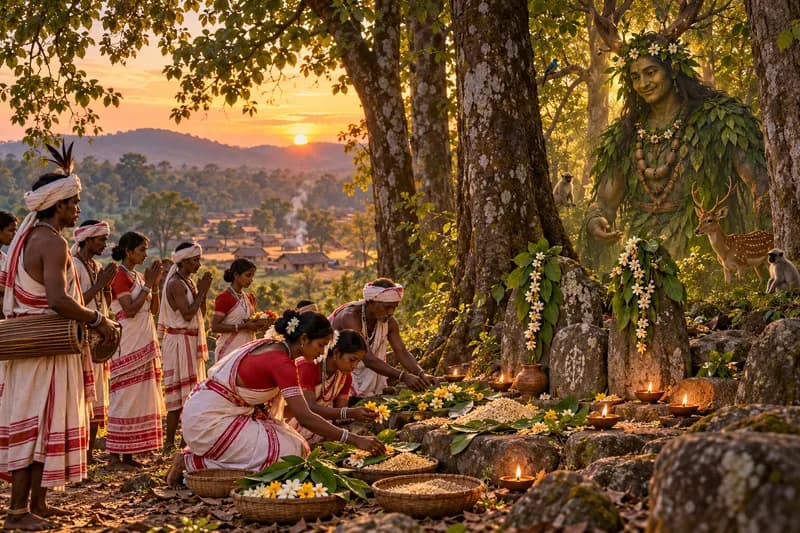 Bonga — folklore depiction — Bonga, Jharkhand, Chhattisgarh, Odisha, West Bengal — Santhal Parganas, Chota Nagpur Plateau, and tribal belt regions, Nature Spirit / Sacred Elemental — Sarna (Adivasi) Tradition