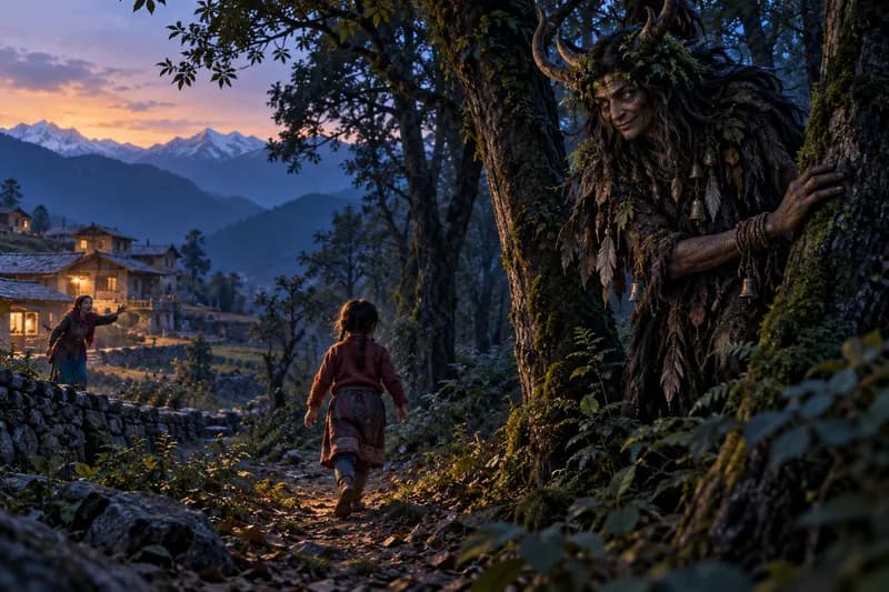 Ban Jhankri — folklore depiction — Ban Jhankri, Nepal (central and eastern hills), Sikkim, Darjeeling (West Bengal), Himalayan foothills, Shamanic Spirit / Forest Teacher Entity