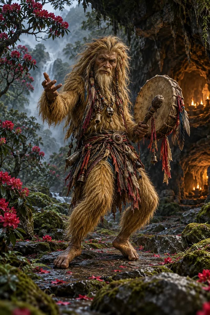 Banjhakri — folklore depiction — Banjhakri, Nepal-India border; strongest in Sikkim, Darjeeling hills, eastern Nepal, and Bhutan foothills, Forest Spirit / Shamanic Initiator
